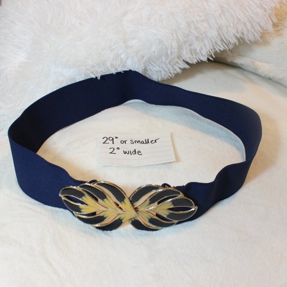 Vintage 1980\'s Navy Blue Feather Flames Retro Buckle Belt 25-29\